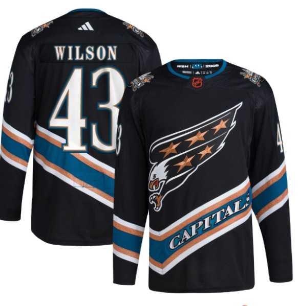Mens Washington Capitals #43 Tom Wilson Black 2022-23 Reverse Retro Stitched Jersey Dzhi